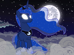 Size: 1501x1123 | Tagged: safe, artist:mintyscratch, princess luna, alicorn, pony, cloud, cloudy, mare in the moon, moon, sky, solo, wallpaper