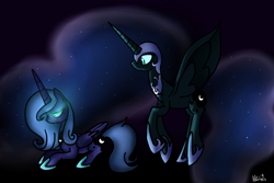 Size: 1024x683 | Tagged: safe, artist:jayivee, nightmare moon, princess luna, alicorn, pony, crown, duo, duo female, female, horn, mare