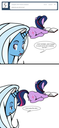 Size: 505x1085 | Tagged: safe, artist:dekomaru, trixie, twilight sparkle, pony, ask, female, lesbian, plot, prone, reading, shipping, the ass was fat, tumblr, tumblr:ask twixie, twixie