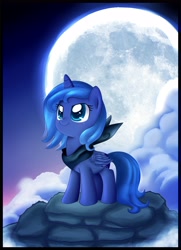 Size: 3202x4423 | Tagged: safe, artist:pridark, princess luna, alicorn, pony, bandana, cloud, cloudy, cute, filly, lunabetes, moon, night, solo, standing, woona, younger