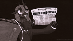 Size: 1920x1080 | Tagged: safe, artist:hollowzero, queen chrysalis, changeling, changeling queen, clothes, female, newspaper, parody, suit