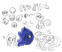 Size: 1600x1344 | Tagged: safe, artist:subtlepixel, fluttershy, princess luna, twilight sparkle, alicorn, parasprite, pegasus, pony, sketch dump