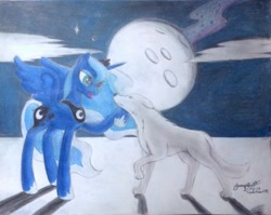 Size: 2078x1651 | Tagged: safe, artist:thewolfheart89, princess luna, alicorn, pony, wolf, moon, traditional art