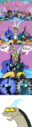 Size: 747x2960 | Tagged: safe, artist:julianwilbury, artist:pokehidden, artist:zantyarz, edit, discord, nightmare moon, queen chrysalis, changeling, changeling queen, chrysmoon, comic, discord the shipper, female, kissing, lesbian, now kiss, reaction image, shipper on deck, shipping, surprise face, trollface