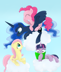 Size: 825x969 | Tagged: safe, artist:kaleysia, fluttershy, pinkie pie, princess luna, twilight sparkle, alicorn, earth pony, pegasus, pony