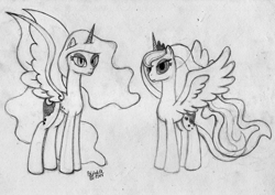 Size: 1063x751 | Tagged: safe, artist:poldekpl, nightmare moon, princess luna, alicorn, pony, monochrome, pencil drawing, traditional art