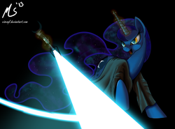 Size: 1000x741 | Tagged: safe, artist:ciscoql, princess luna, alicorn, pony, crossover, lightsaber, solo, star wars