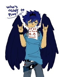 Size: 519x643 | Tagged: safe, artist:techtechno, prince artemis, princess luna, askequestrianboys, devil horn (gesture), gamer luna, humanized, konami code, mouth hold, rule 63, simple background, solo, white background, winged humanization