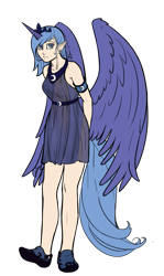 Size: 691x1157 | Tagged: safe, artist:nightwind-dragon, princess luna, horned humanization, humanized, simple background, solo, tailed humanization, winged humanization