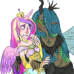 Size: 700x700 | Tagged: safe, artist:glynn, princess cadance, queen chrysalis, crying, horned humanization, humanized, scared, winged humanization