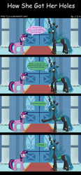 Size: 2546x5500 | Tagged: safe, artist:j-z-a, queen chrysalis, twilight sparkle, changeling, changeling queen, arrow in the knee, comic, female