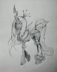 Size: 957x1205 | Tagged: safe, artist:discommunicator, queen chrysalis, changeling, changeling queen, female, monochrome