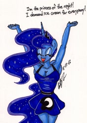 Size: 921x1309 | Tagged: safe, artist:newyorkx3, princess luna, anthro, cleavage, clothes, dress, female, ice cream, solo, traditional art