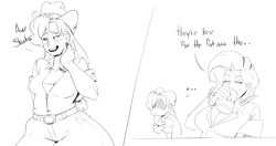 Size: 1229x649 | Tagged: safe, artist:sundown, applejack, rarity, human, applebucking thighs, applebutt, bashful, blushing, breasts, cleavage, drinking, embarrassed, female, horned humanization, humanized, monochrome, mug, the ass was fat, thick, vulgar, wide hips