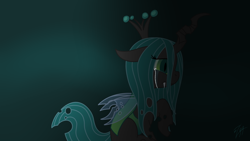 Size: 1600x900 | Tagged: safe, artist:muzza299, queen chrysalis, changeling, changeling queen, nymph, female, sad