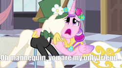 Size: 1280x720 | Tagged: safe, edit, edited screencap, screencap, princess cadance, queen chrysalis, alicorn, changeling, changeling queen, pony, friendship is witchcraft, caption, disguise, disguised changeling, fake cadance, image macro, mannequin