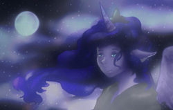 Size: 1024x653 | Tagged: safe, artist:sai-nee, princess luna, anthro, human facial structure, humanized, night, solo