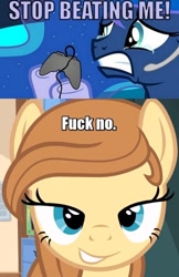 Size: 766x1182 | Tagged: safe, princess luna, oc, oc:cream heart, alicorn, pony, casual vs hardcore, gamer luna, image macro, photoshop, text, vulgar