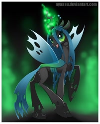 Size: 827x1029 | Tagged: safe, artist:nyaasu, queen chrysalis, changeling, changeling queen, bedroom eyes, fangs, female, glowing horn, looking at you, open mouth, pixiv, raised hoof, signature, smiling, solo, standing, wings