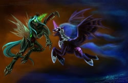 Size: 1600x1035 | Tagged: safe, artist:slifertheskydragon, nightmare moon, queen chrysalis, changeling, changeling queen, epic, female, fight, flying, magic