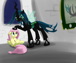 Size: 1000x833 | Tagged: safe, artist:whatsapokemon, fluttershy, queen chrysalis, changeling, changeling queen, pegasus, pony, female