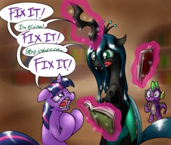 Size: 1101x932 | Tagged: safe, artist:conicer, queen chrysalis, spike, twilight sparkle, unicorn twilight, changeling, changeling queen, pony, unicorn, g4, body swap, book, female, golden oaks library, magic, magic aura, mare, open mouth, speech bubble, spell gone wrong, telekinesis, tongue out