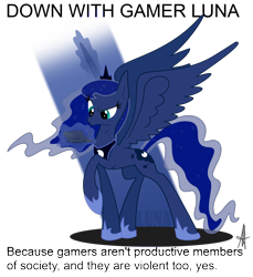 Size: 2012x2200 | Tagged: safe, artist:ardas91, princess luna, alicorn, pony, troll, 3ds, down with molestia, drama, gamer luna, meme, op is a cuck, op is trying to start shit, solo, text, video game