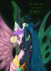 Size: 1500x2100 | Tagged: safe, artist:myra-avalon, princess cadance, queen chrysalis, alicorn, changeling, changeling queen, pony, bust, cadance two face, character to character, crown, disappearing clothes, disguise, disguised changeling, duality, fake cadance, fangs, female, floral head wreath, flower, flower in hair, glowing horn, horn, jewelry, magic, mare, portrait, regalia, shapeshifting, simple background, solo, spread wings, teeth, text, transformation, wings