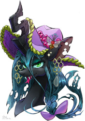 Size: 564x800 | Tagged: safe, artist:jnnkleche, queen chrysalis, changeling, changeling queen, alternate hairstyle, bow, female, hat