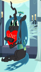 Size: 778x1339 | Tagged: safe, artist:keanno, queen chrysalis, changeling, changeling queen, animated, chewing, cute, cutealis, female, heart, love, puffy cheeks, solo