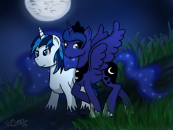 Size: 1600x1200 | Tagged: safe, artist:cwossie, princess luna, shining armor, alicorn, pony, unicorn, moon, newbie artist training grounds, night