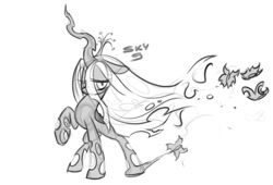 Size: 833x565 | Tagged: safe, artist:skygracer, queen chrysalis, changeling, changeling queen, cute, cutealis, female, floppy ears, grayscale, looking at you, monochrome, raised hoof, sad, solo, wind, windswept mane