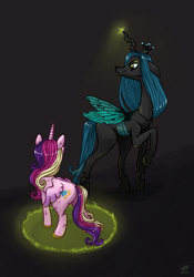 Size: 700x1000 | Tagged: safe, artist:natashafenik, princess cadance, queen chrysalis, alicorn, changeling, changeling queen, pony, female, magic