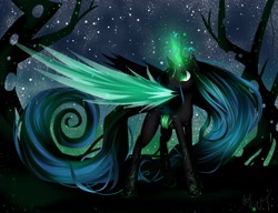 Size: 4000x3077 | Tagged: safe, artist:vardastouch, queen chrysalis, changeling, changeling queen, female, glowing horn, impossibly long hair, impossibly long tail, long hair, long mane, long tail, night, solo, stars
