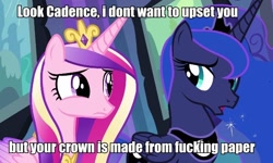 Size: 608x364 | Tagged: safe, princess cadance, princess luna, alicorn, pony, bust, crown, duo, duo female, female, horn, image macro, jewelry, mare, multicolored mane, open mouth, pink coat, purple coat, regalia, text, vulgar, wings