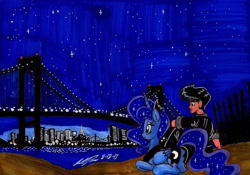 Size: 1280x897 | Tagged: safe, artist:newyorkx3, princess luna, oc, oc:tommy, human, city, new york city, self insert, traditional art