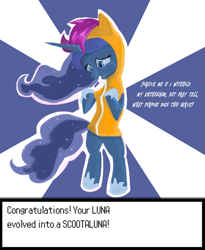 Size: 3645x4448 | Tagged: safe, artist:rixnane, princess luna, scootaloo, alicorn, pony, bipedal, clothes, costume, female, mare, pokémon, scootaluna, solo, sunburst background