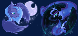 Size: 1555x720 | Tagged: safe, artist:lizziebax, nightmare moon, princess luna, alicorn, pony, crying, duality, moon