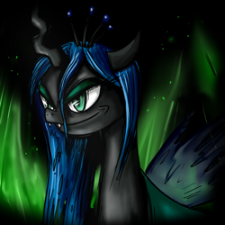 Size: 600x600 | Tagged: safe, artist:alvh-omega, queen chrysalis, changeling, changeling queen, female, green eyes, horn, smiling, solo