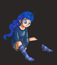 Size: 1170x1323 | Tagged: safe, artist:raph13th, princess luna, clothes, computer, feet, horned humanization, humanized, laptop computer, lonely, sad, simple background, sitting, socks, solo, striped socks