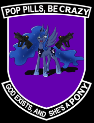 Size: 586x767 | Tagged: safe, artist:ulfhunden, princess luna, alicorn, pony, drugs, gun, i found pills, patch, solo, tar-21