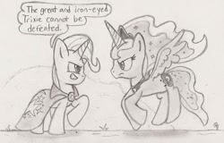 Size: 1067x681 | Tagged: safe, artist:based sketchy, princess luna, trixie, alicorn, pony, grin, monochrome, stare down