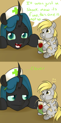 Size: 1248x2492 | Tagged: safe, artist:kloudmutt, derpy hooves, queen chrysalis, changeling, changeling queen, fluffy pony, pegasus, pony, bandaid, comic, female, fluffyderpy, juice box, mare, talking to viewer