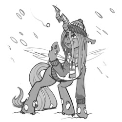 Size: 900x900 | Tagged: dead source, safe, artist:kevinsano, queen chrysalis, changeling, changeling queen, clothes, female, grayscale, monochrome, scarf, snow, snowfall, solo, winter