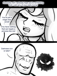 Size: 750x1000 | Tagged: safe, artist:livesmutanon, princess luna, human, comic:based anon, /mlp/, blushing, darkness, humanized, monochrome