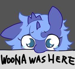 Size: 704x642 | Tagged: safe, artist:toki, princess luna, alicorn, pony, crying, cute, filly, floppy ears, frown, kilroy, kilroy was here, messy mane, mouth hold, nom, pixiv, s1 luna, solo, tiara, woona