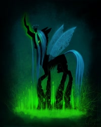 Size: 800x1000 | Tagged: dead source, safe, artist:laurenmagpie, queen chrysalis, changeling, changeling queen, female, glowing horn, solo