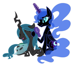 Size: 1091x969 | Tagged: safe, artist:cuttycommando, nightmare moon, queen chrysalis, changeling, changeling queen, brush, brushing, chrysmoon, cute, cutealis, female, lesbian, magic, shipping