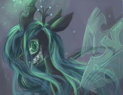 Size: 900x700 | Tagged: safe, artist:mosacd, queen chrysalis, changeling, changeling queen, crown, fangs, female, glowing horn, green eyes, horn, insanity, jewelry, regalia, transparent wings, wings