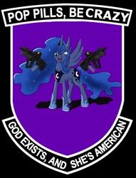 Size: 586x767 | Tagged: safe, artist:ulfhunden, princess luna, alicorn, pony, gun, insanity, lunatic, patch